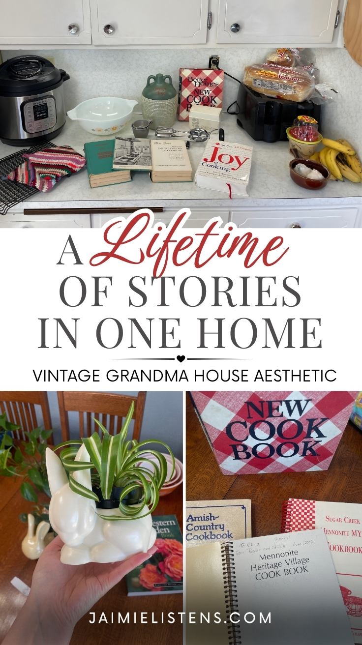 Collection of vintage cookbooks, rabbit planter, family kitchen items, and nostalgic home treasures arranged in a collage. Pin text reads: A Lifetime Of Stories In One Home.