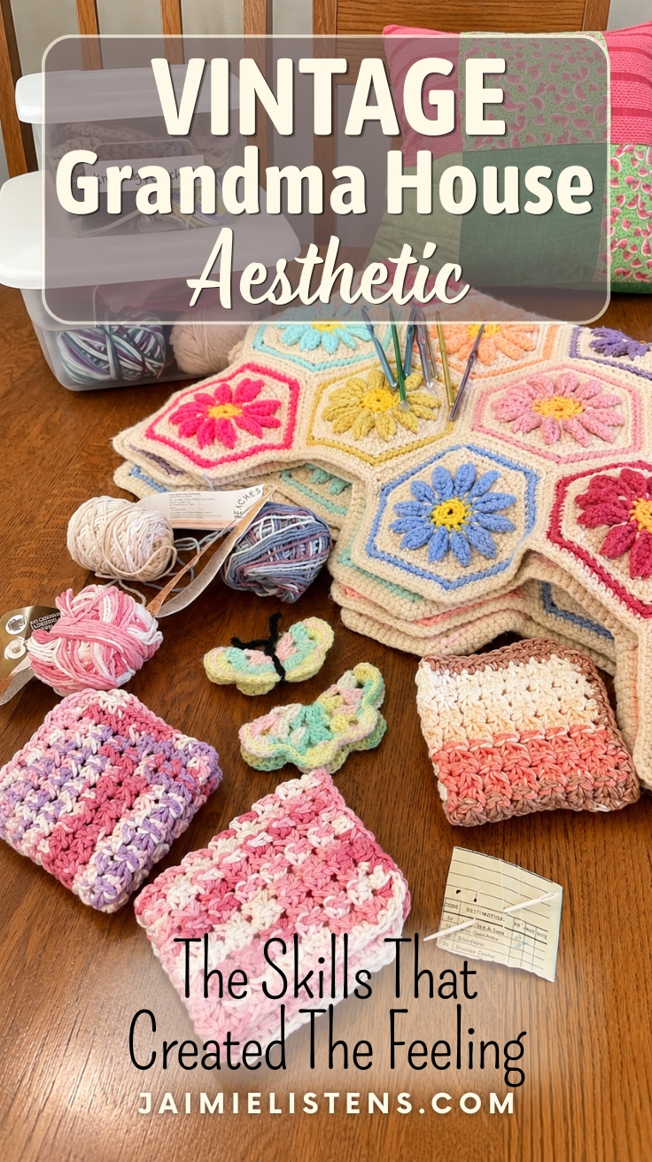 Handmade crochet blanket, dishcloths, yarn, butterfly decorations, and crochet supplies displayed on a wooden table. Pin text reads: The Skills That Created The Feeling.