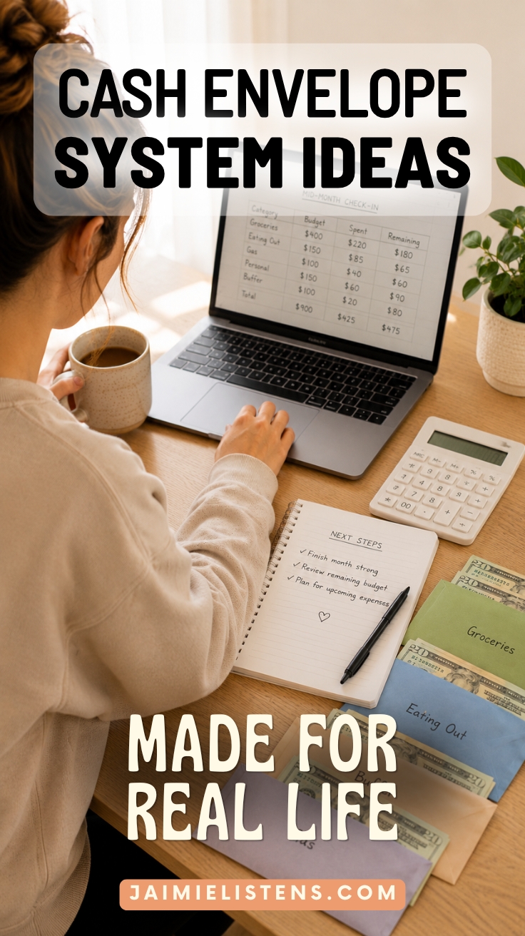 Woman sitting at a desk with a laptop, calculator, notebook, and several labeled cash envelopes filled with money.