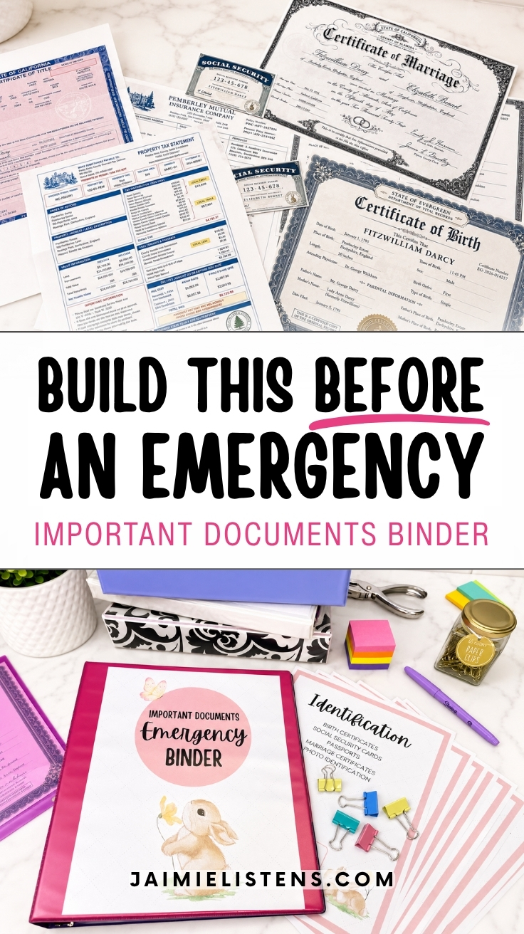 Important documents binder with birth certificate, Social Security card, and organized paperwork for emergency preparedness.