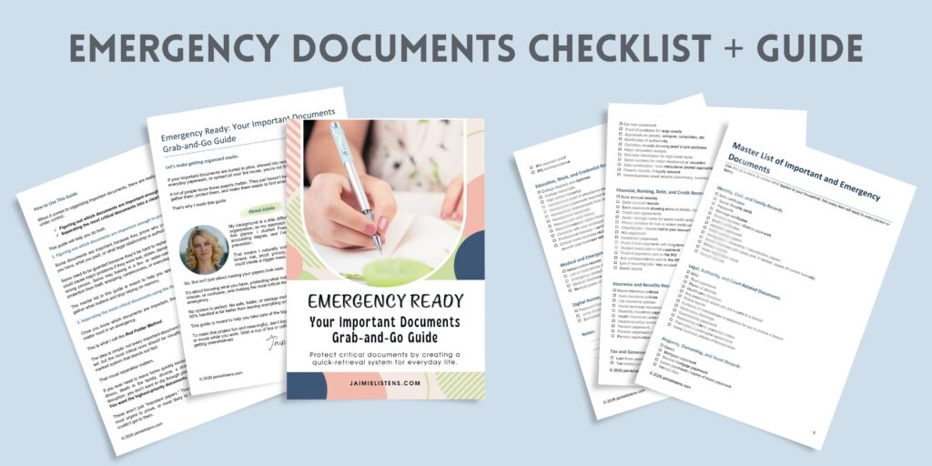 Emergency documents checklist and guide layout.