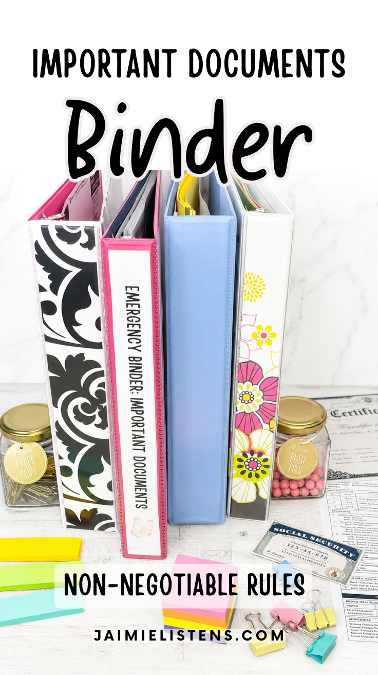 Important documents binder with labeled sections and essential paperwork organized for easy access in an emergency.