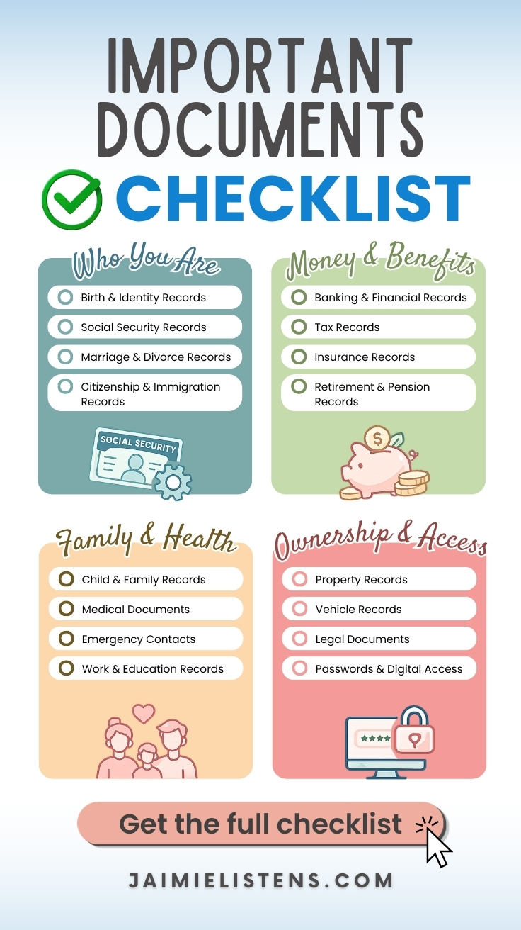 Important documents checklist infographic with identity, income, family and property categories.