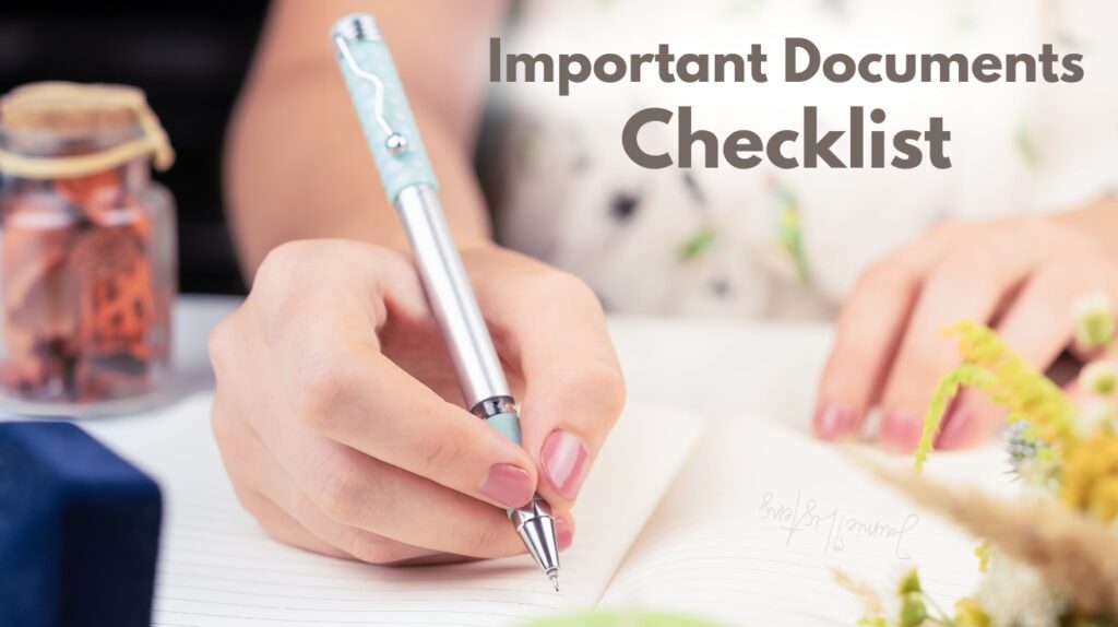Woman starting to write down a list of her important documents.