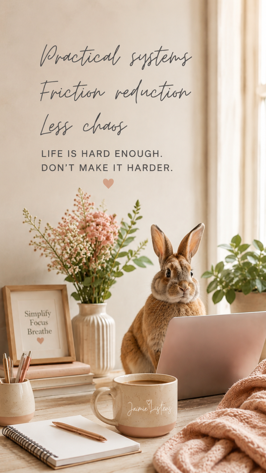 Rabbit sitting on a desk by a laptop with a text overlay that says "Practical systems. Friction reduction. Less chaos. Life is hard enough. Don't make it harder.