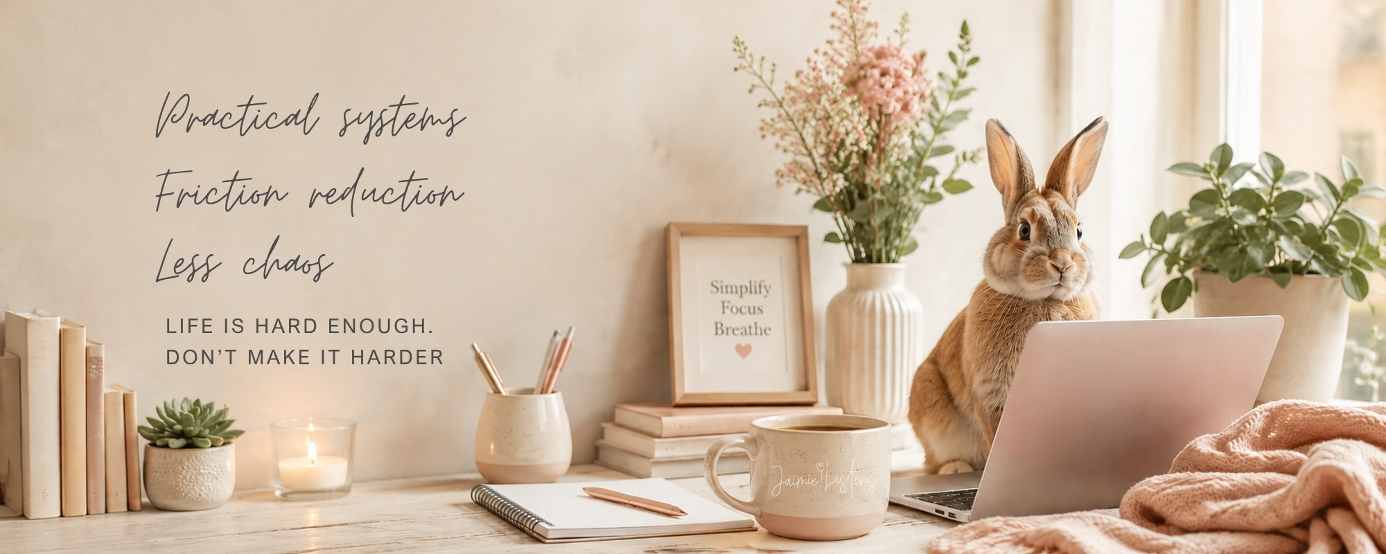 Rabbit sitting on a desk with a laptop and text overlay says "Practical systems. Friction reduction. Less chaos. Life is hard enough. Don't make it harder."