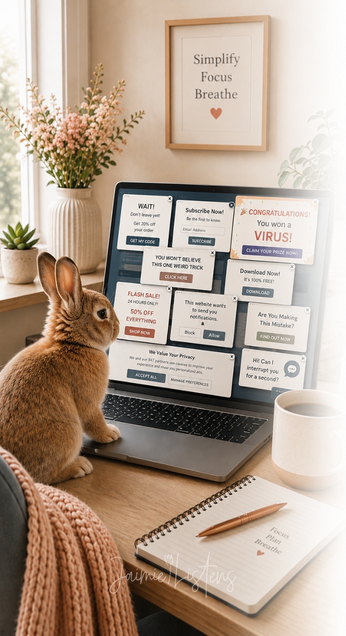 Rabbit at computer with popup ads.