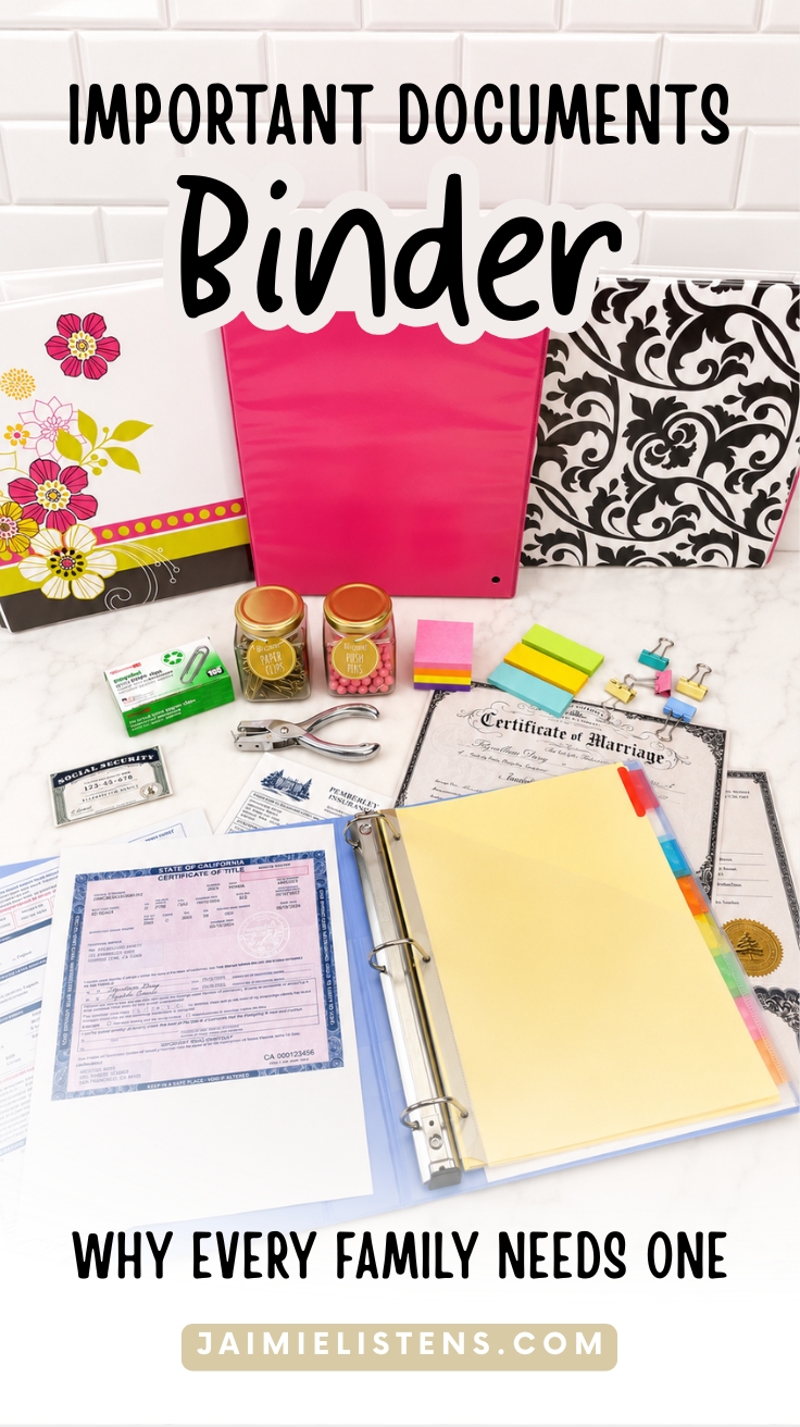 Open important documents binder with organized paperwork, colorful tabs, and important family records.