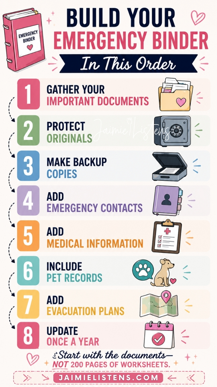 Infographic showing the correct order to build an emergency binder using emergency binder free printables, including important documents, emergency contacts, medical information, pet records, evacuation plans, and yearly updates.