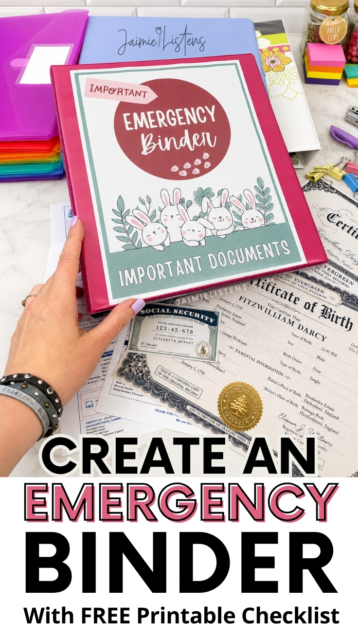 Pink emergency binder sitting on top of important documents with emergency binder free printables and a printable checklist for organizing family paperwork.