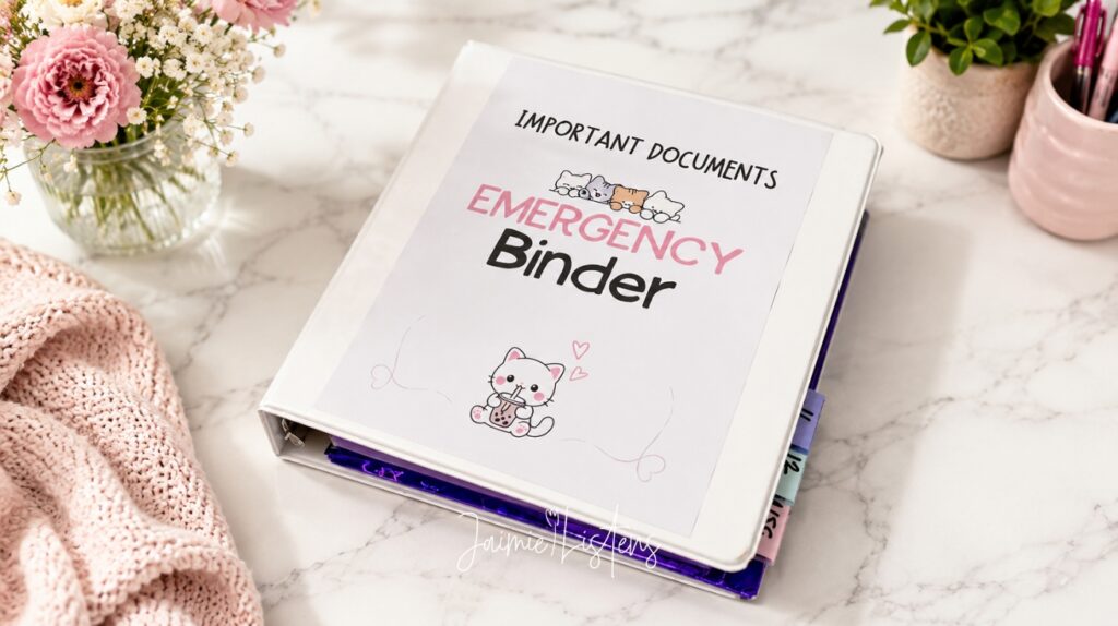 Important documents emergency binder sitting on a kitchen countertop.