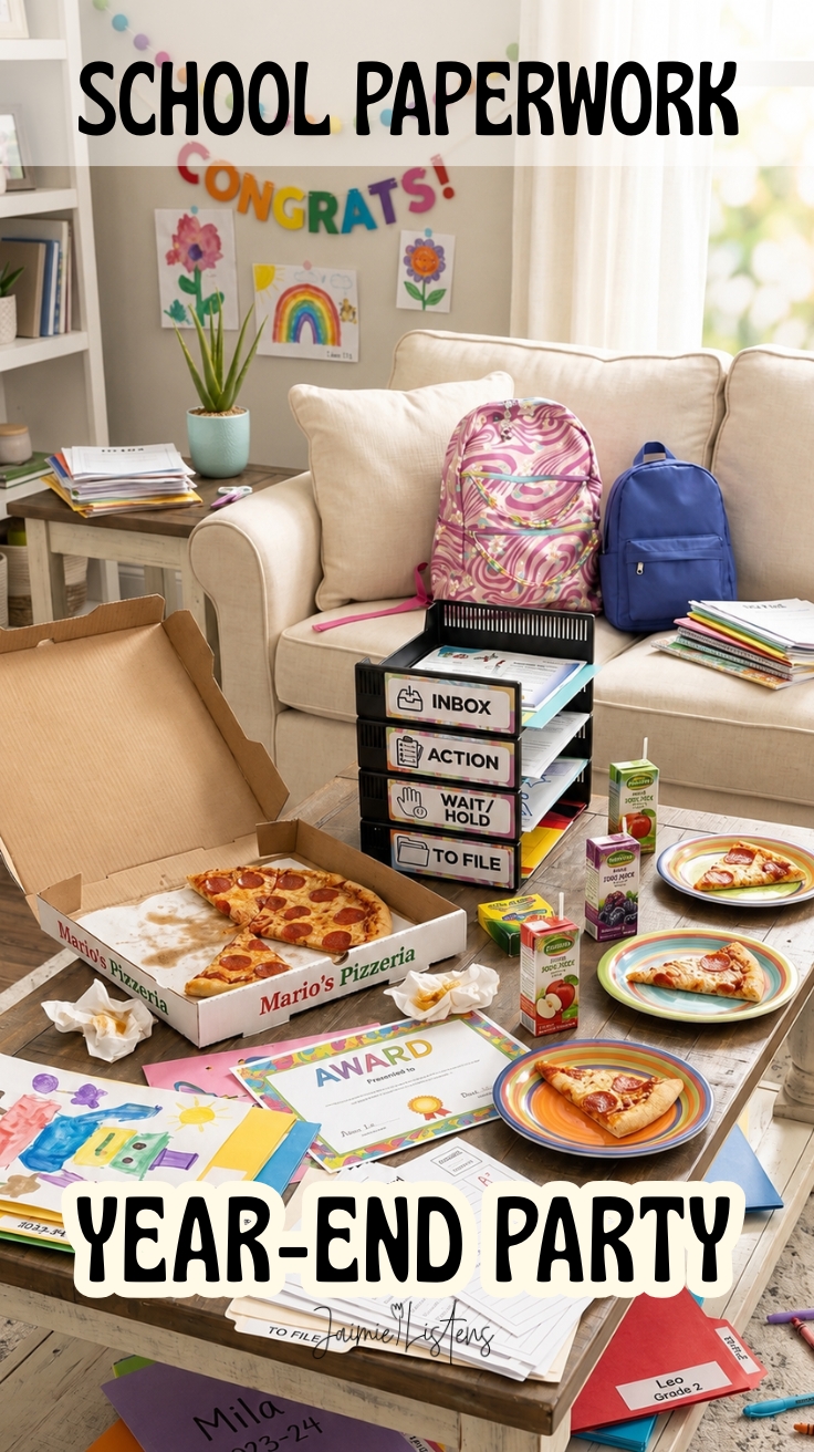 A family pizza party with backpacks, labeled paper trays, artwork, awards, and school papers spread across a coffee table to celebrate organizing the school year before summer.