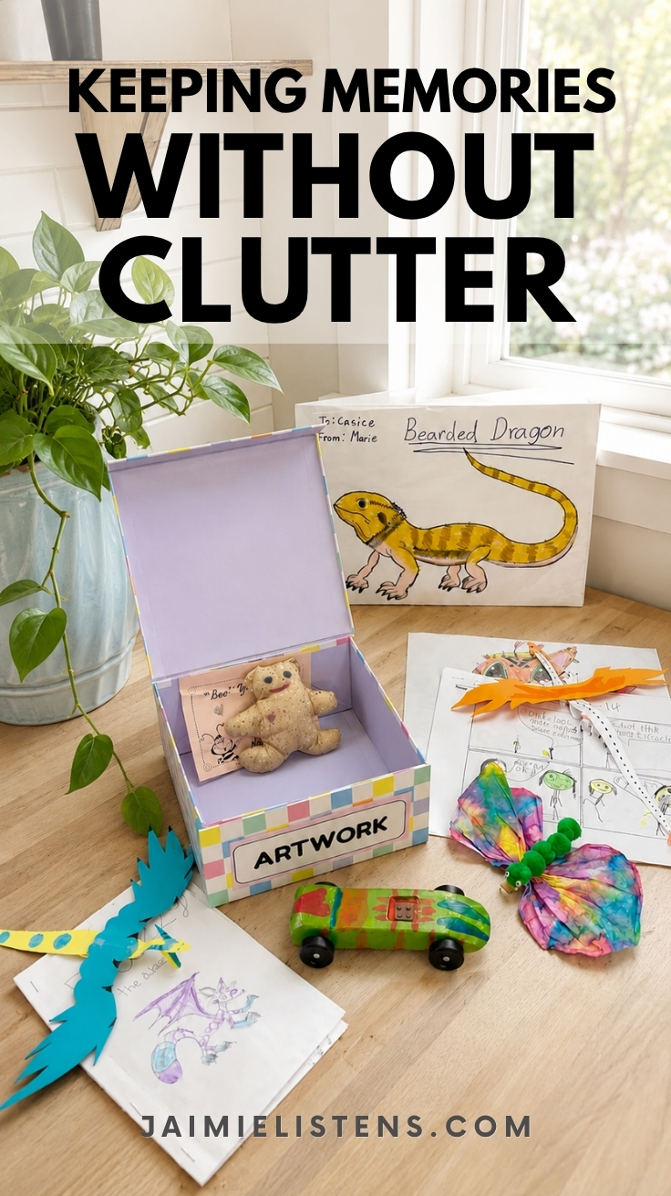 A colorful memory box filled with children's artwork, crafts, and keepsakes arranged on the floor beside a houseplant, showing a simple way to preserve school memories without keeping everything.