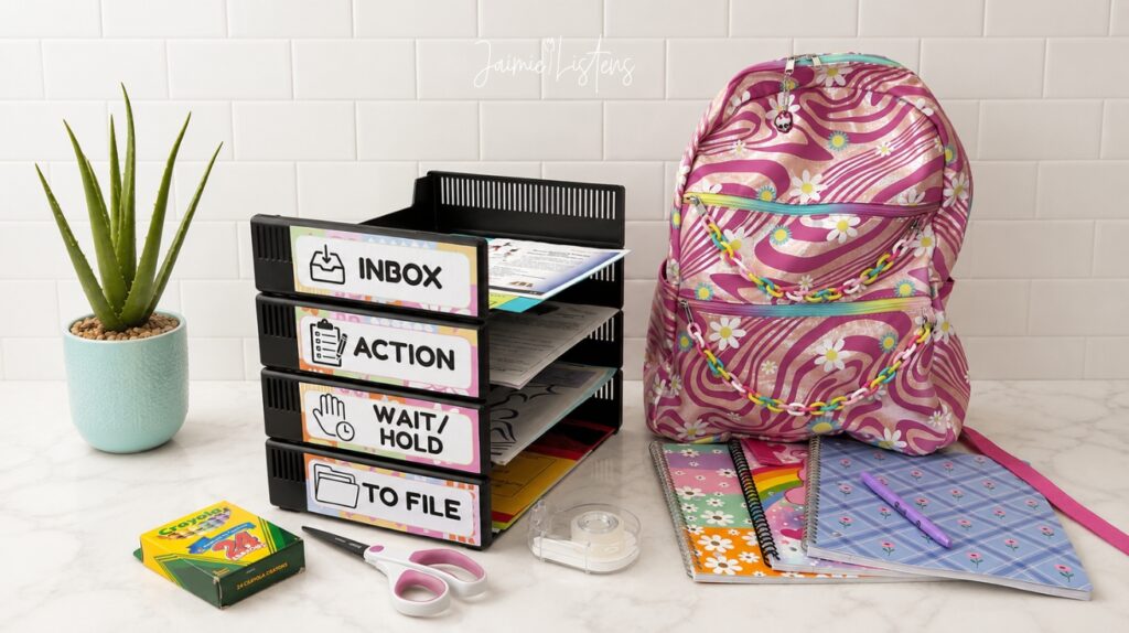 School papers organized into trays with school supplies on a kitchen counter.