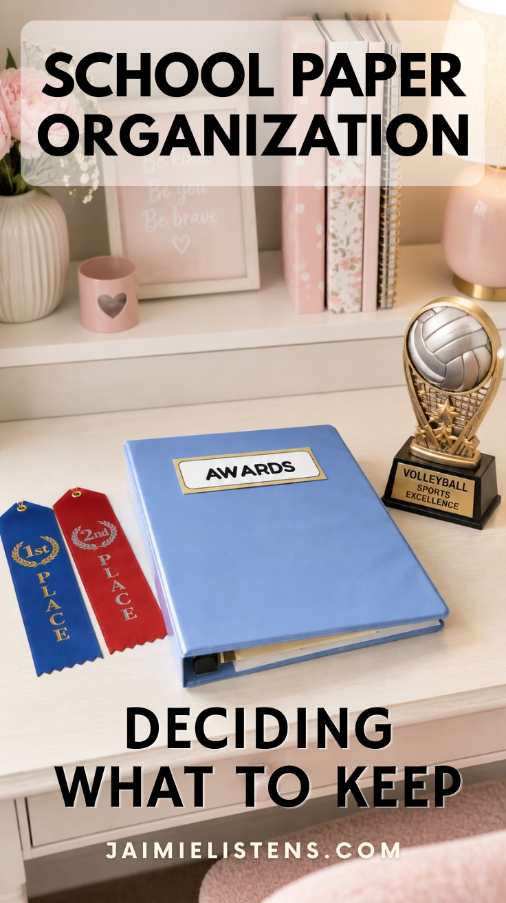 A binder labeled "Awards" displayed with ribbons and a sports trophy, illustrating one way to organize certificates, awards, and meaningful school keepsakes.