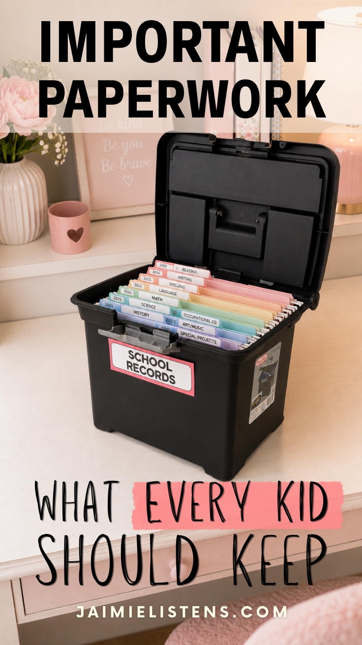 A portable file box labeled "School Records" with color-coded hanging folders organized by subject and year for storing important school paperwork and records.