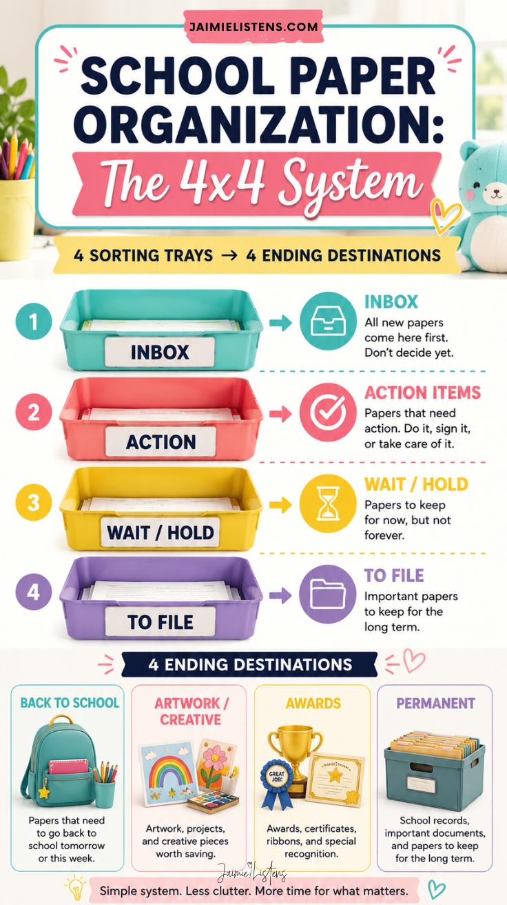 Infographic explaining a simple school paper organization workflow using four sorting trays and four final filing destinations for kids' paperwork.