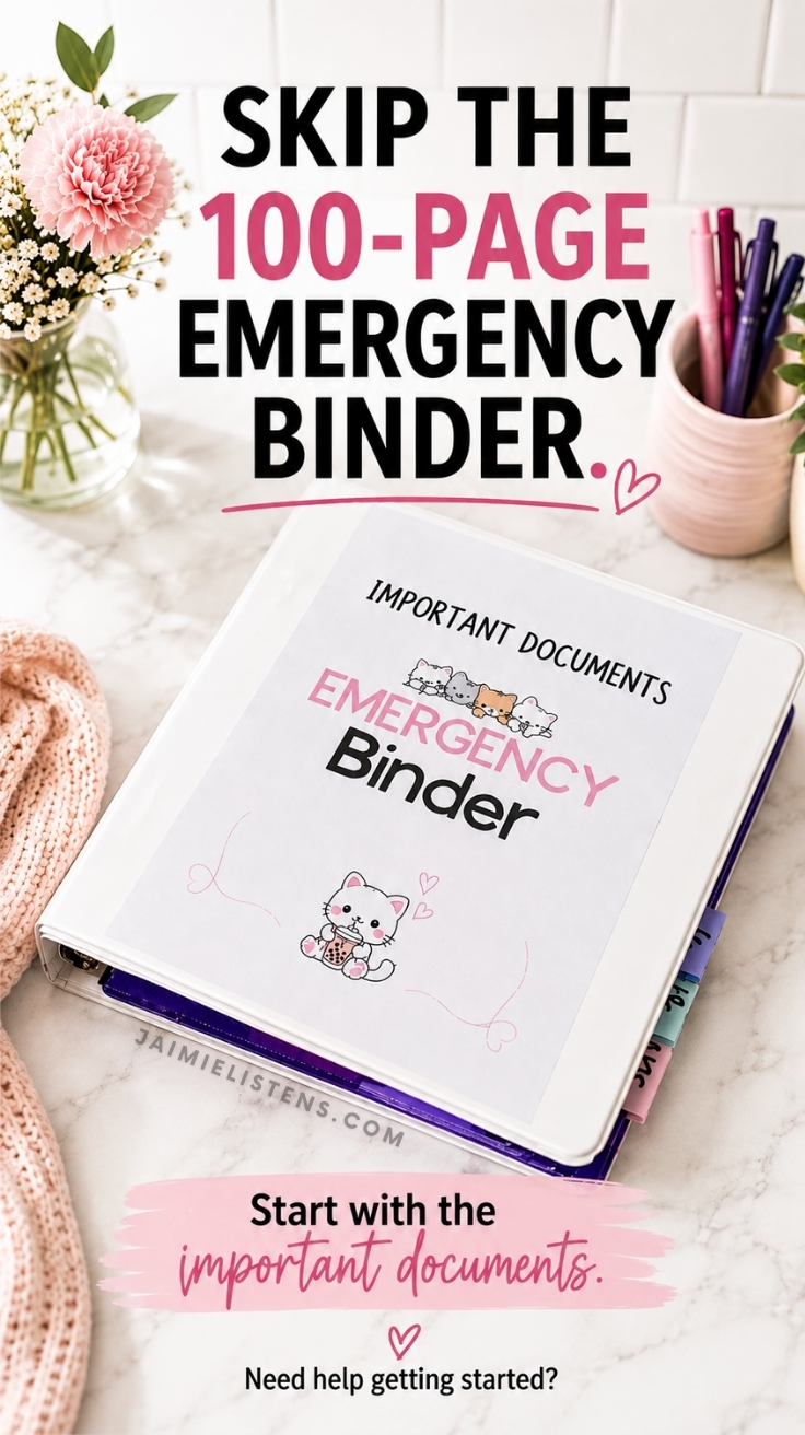 Minimal emergency binder on a marble countertop with text encouraging readers to skip a complicated emergency binder and start with important documents using free printables.