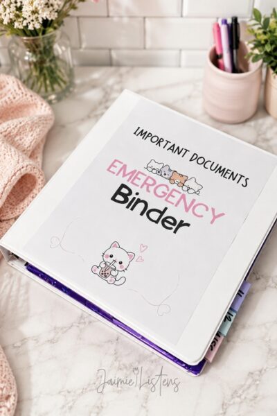 Binder with important documents on the kitchen counter organized by tabs.