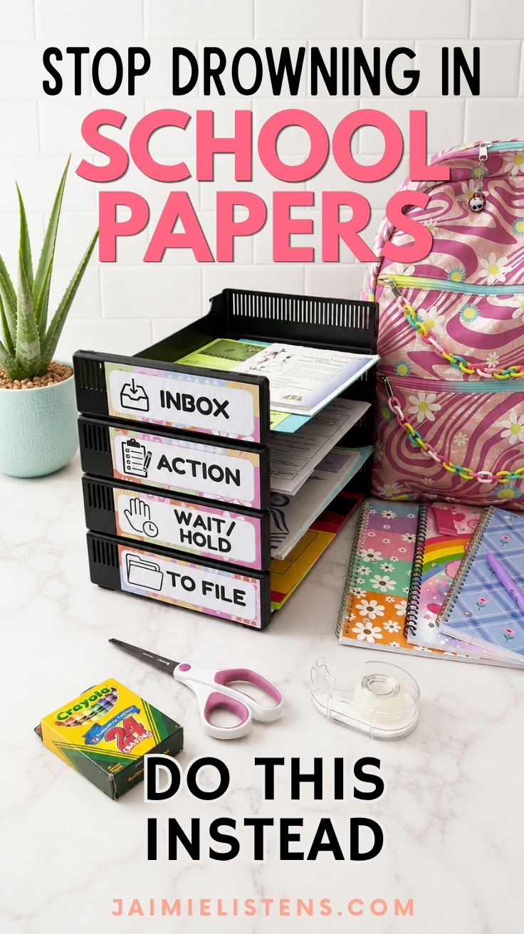 Four labeled paper trays next to a backpack and school supplies showing a simple school paper organization system for managing children's paperwork.