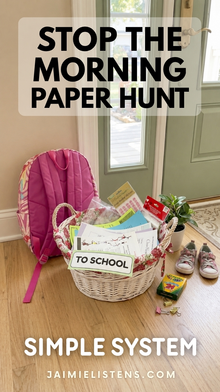 A backpack beside a labeled basket filled with permission slips, homework, and papers ready to go back to school, creating an easy morning launch station.