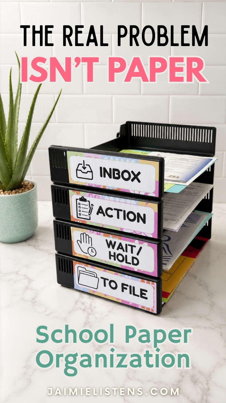 Four labeled paper trays for Inbox, Action, Wait/Hold, and To File sitting on a countertop to demonstrate a simple workflow for managing children's school paperwork.