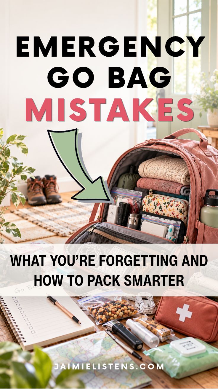 Photo: emergency go bag mistakes, featuring an open pink backpack, scattered emergency supplies, and a packing checklist. Text reads “What You’re Forgetting and How to Pack Smarter.”
