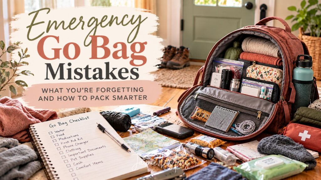 Emergency go bag mistakes: Open backpack with scattered emergency supplies, clothing, first aid kit, and packing checklist, showing a go bag being packed.
