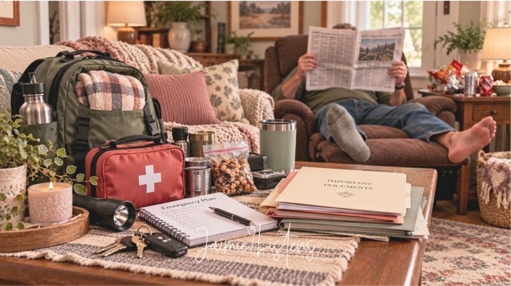 Emergency planning supplies and important documents on a coffee table while an uncooperative family member relaxes in a recliner reading the newspaper.